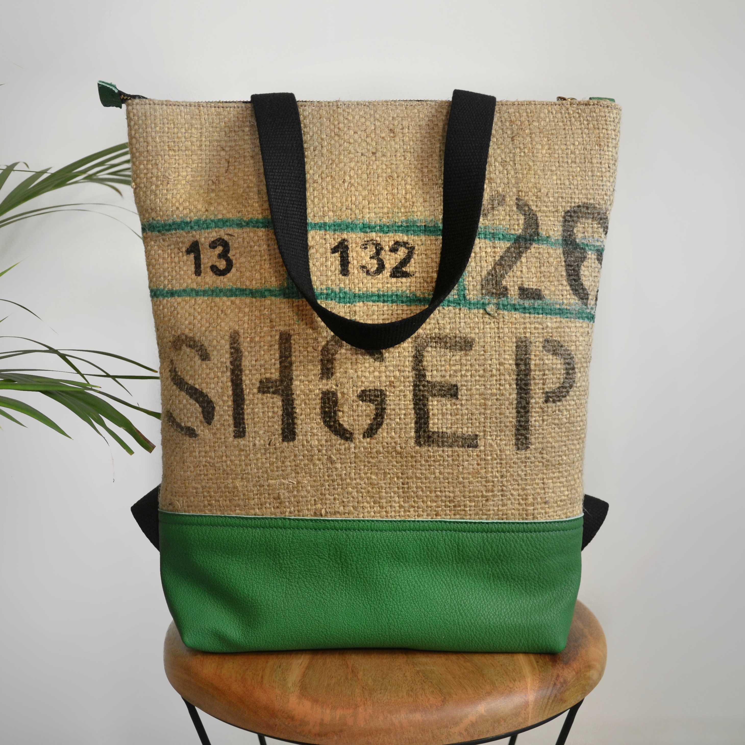 HYBRID | borsa/zaino in juta e pelle verde | ecodream